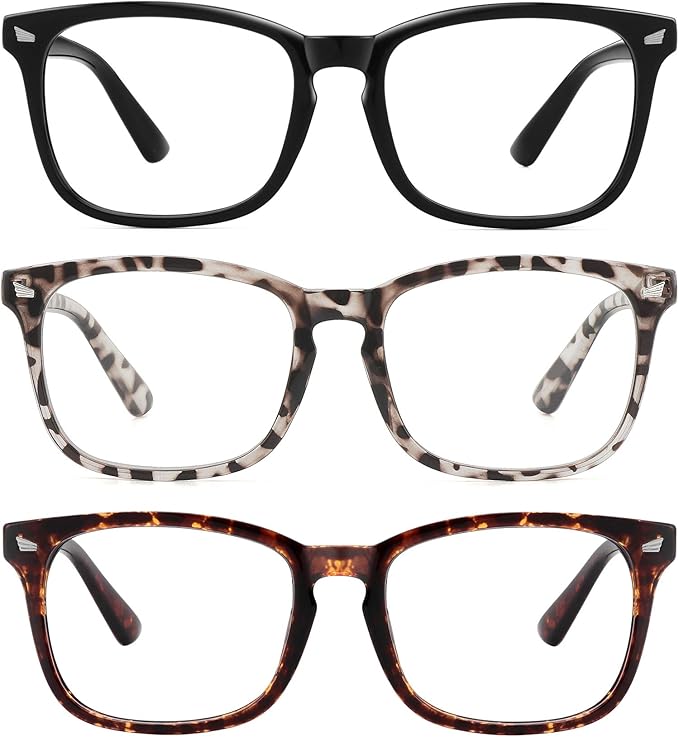 MEETSUN Blue Light Blocking Glasses, Anti Eye Strain Headache (Sleep Better),Computer Reading Glasses UV400 Transparent Lens (Black+Leopard+Tortoise, 53)