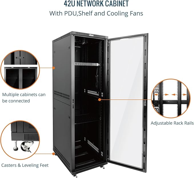 Tecmojo 42U Server Rack Network Cabinet 31.5" D x 23.6" W, Locking Data Cabinet Enclosure for 19" Server, Networking, AV & IT Equipment, Clear Door, Black