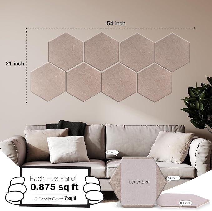 Mollywell Hexagon Acoustic Panels 14x12 - Reduce Echo & Reverb, Noise Blocking Wall Tiles for Home Theater & Study, Deep Camel Sound Absorbing Panels