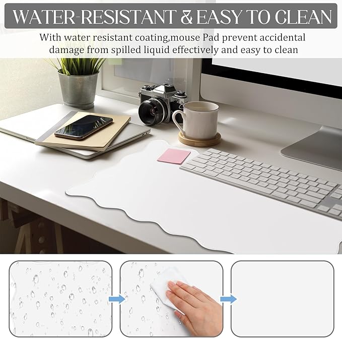 Scalloped Desk Mat Large Scalloped Piping Cute Desk Mat Aesthetic Preppy Table Pad Large Nonslip Pad with Edge Stitching Waterproof Gaming(White,31.5 x 15.75 Inches)