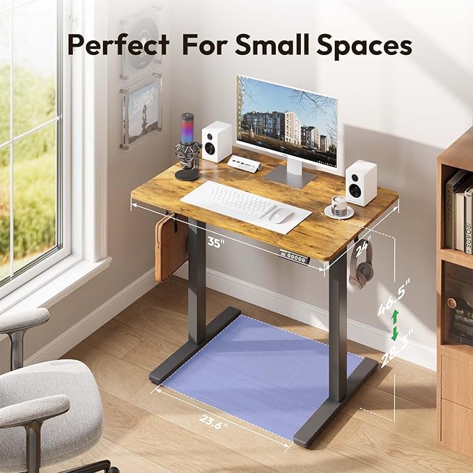 Electric Standing Desk,35x24 Inches Adjustable Height Stand up Desk, Sit Stand Home Office Desk with Splice Board, 3 Preset Heights,Equipped with Hooks,Ergonomic Computer Workstation，Brown