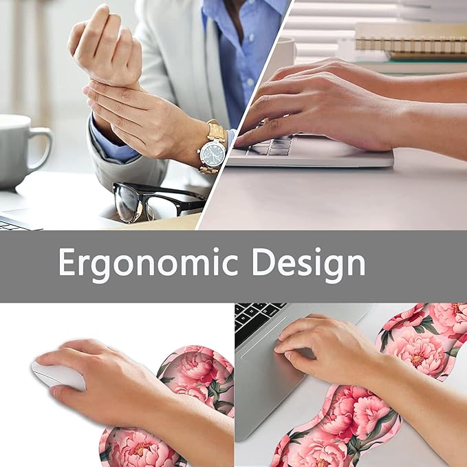 Large Gaming Mouse Pad + Keyboard Wrist Rest + Wrist Support + Coaster Set, Memory Foam Ergonomic for Easy Typing, XXL Extended Gaming Mouse Pad Table Pad - Art Pink Flowers