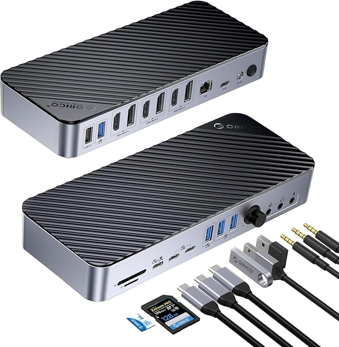 ORICO 22-in-1 DisplayLink Docking Station, Quad Displays USB C Hub with 3 DP, 3 HDMI, Single 8K Output, 60W PD, USB A/C 3.2, USB-A 3.0, RJ45, SD/TF, 3 Types AUX