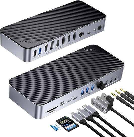 ORICO 22-in-1 DisplayLink Docking Station, Quad Displays USB C Hub with 3 DP, 3 HDMI, Single 8K Output, 60W PD, USB A/C 3.2, USB-A 3.0, RJ45, SD/TF, 3 Types AUX