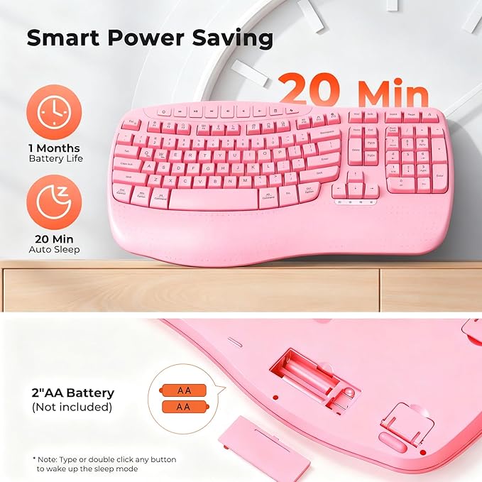 MEETION Wireless Ergonomic Keyboard, Wave Keys Wrist Rest for Natural Typing, 2.4G USB-A Cordless Receiver and USB-C Adapter, Ergo Computer Keyboard Compatible with Windows/Mac/PC/Laptop, Pink