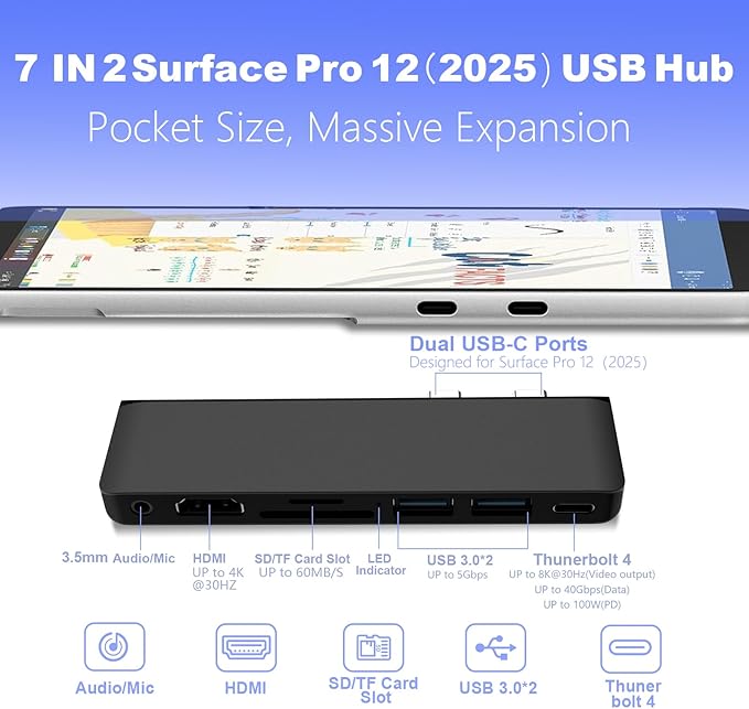 Surface Pro 12 USB Hub Adapter, Docking Station with 4K HDMI, USB-C Thunderbolt 4 (Display+Data+100W PD), 2 USB 3.0, 3.5mm Audio, SD/TF Card Slot, Accessories for Surface Pro 12 inch 2025