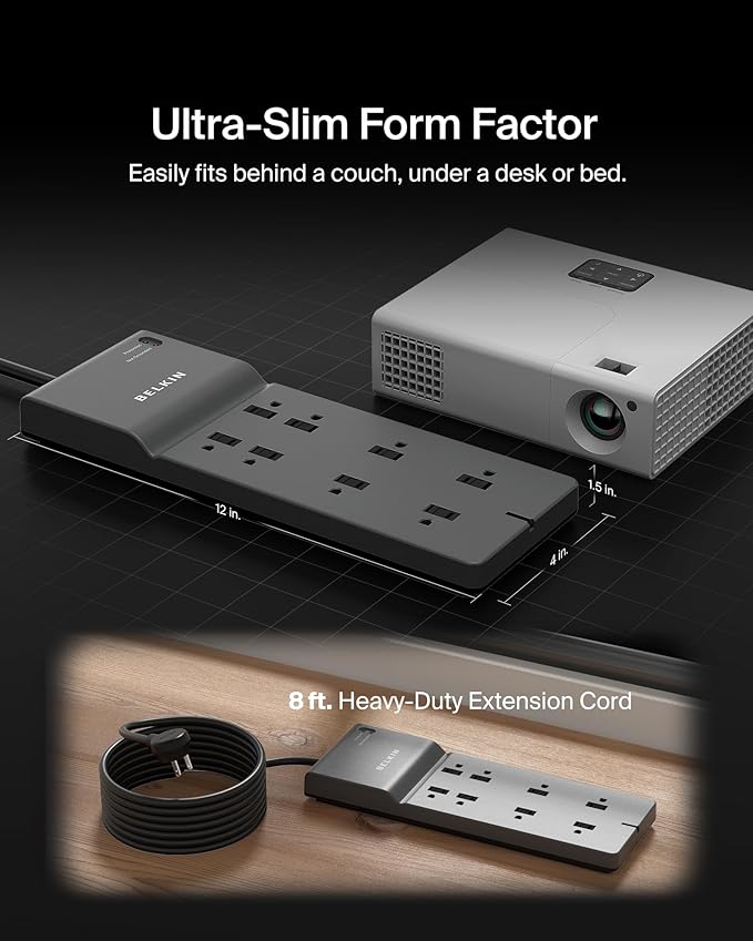 Belkin 8-Outlet Surge Protector w/ 8 AC Outlets & 8ft Long Flat Plug, UL-listed Heavy-Duty Extension Cord for Home, Office, Travel, Computer Desktop, Laptop, Phone Charger - 2,500 Joules of Protection