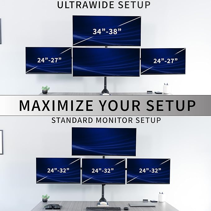 VIVO Premium Quad Ultra Wide LCD LED 27 to 38 inch Monitor Desk Mount, Heavy Duty C-clamp, Extra Tall Pole, Adjustable Telescoping Arms, Flush Wall Setup, Fits 4 Screens, Black, STAND-TS4CT