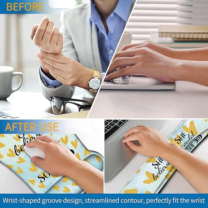 Ergonomic Mouse Pad, Mouse Wrist Rest Pad + Keyboard Wrist Rest Pad + Coaster, Made of Memory Foam, Easy to Use and Relieve Wrist Pain, Office, Home - She Believed She Could So She Did