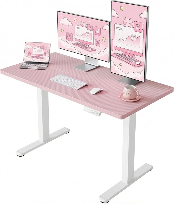 HUANUO Electric Standing Desk,48" x 24" Height Adjustable Desk, 4 Memory Height Settings, Sit to Stand Up Desk for Home Office, with Headphone Hook, Cable Manager, Pink