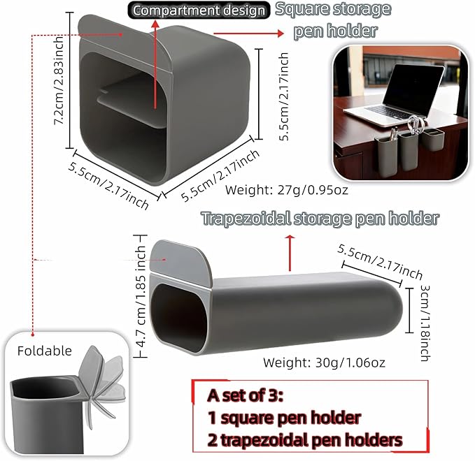 Sticky Desk Organizer, 3-Pack Monitor Side Storage with Adhesive - Multifunctional Desktop Pen Holder for Stationery, Jewelry, Remote Control - Space Saving Grey PP Material for Office & Home
