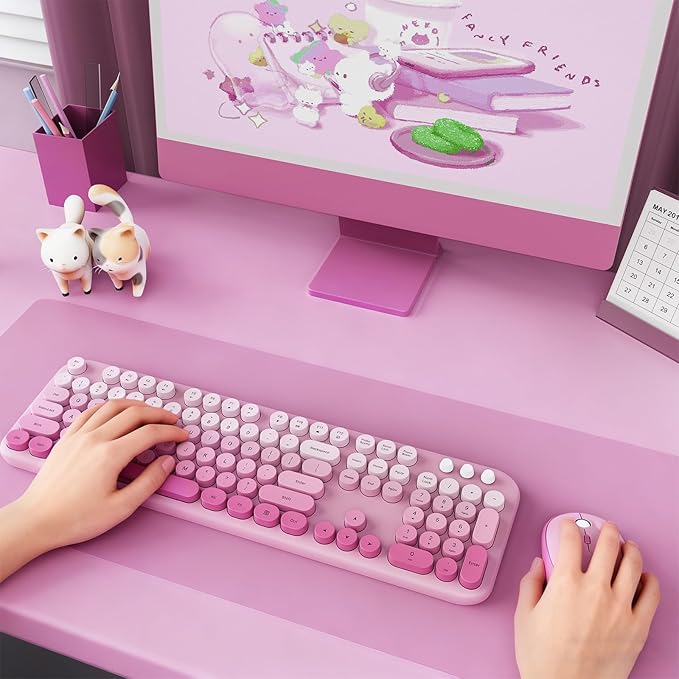 Wireless Keyboard and Mouse Combo, 2.4GHZ Typewriter Retro Full Size Keyboards, Cute Colorful Computer Keyboard and Wireless Mouse for Laptop/Desktop/Windows/PC (Pink Gradient)