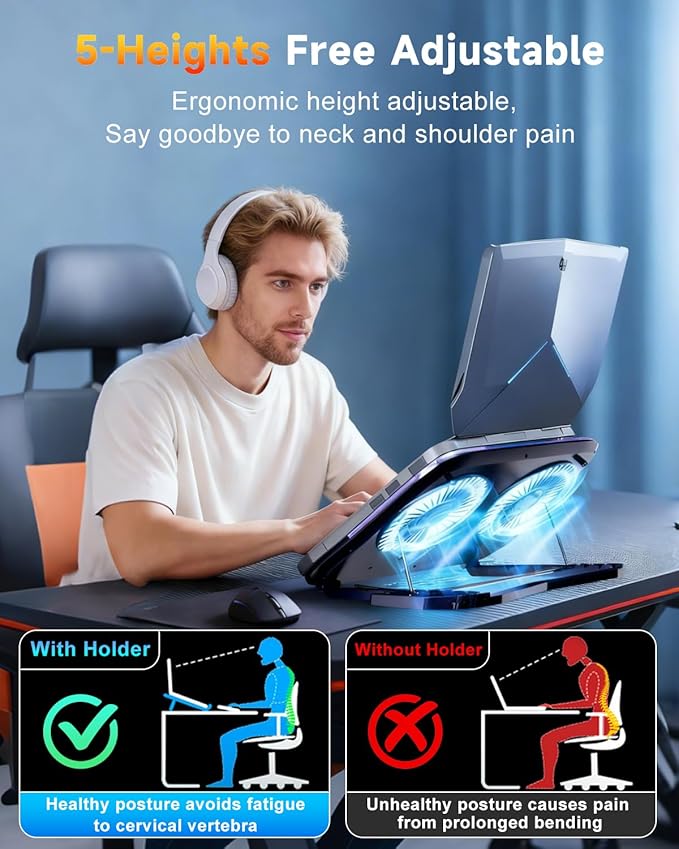Upgraded Laptop Cooling Pad with Dual TEC Cooler, Gaming Laptop Cooler, 2 Powerful Turbo Fans, Fast Cooling Laptop 12-21in, 5 Height Stands, 100 Gear Speed Adjust, LCD Screen, RGB, Phone Holder