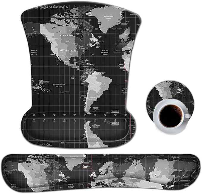 ToLuLu Keyboard Wrist Rest Pad Ergonomic Mouse Pad Set, Mouse Pad for Computer Laptop, Non Slip Mousepad Keyboard Wrist Support with Raised Memory Foam for Easy Typing Pain Relief, Cool World Map