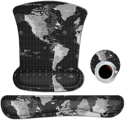 ToLuLu Keyboard Wrist Rest Pad Ergonomic Mouse Pad Set, Mouse Pad for Computer Laptop, Non Slip Mousepad Keyboard Wrist Support with Raised Memory Foam for Easy Typing Pain Relief, Cool World Map