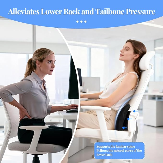 Lumbar Support Pillow for Office Chair and Car, Memory Foam Back Cushion Provides Lumbar Support to Relieve Back Pain, Ideal for Driving and Office Use (Black)