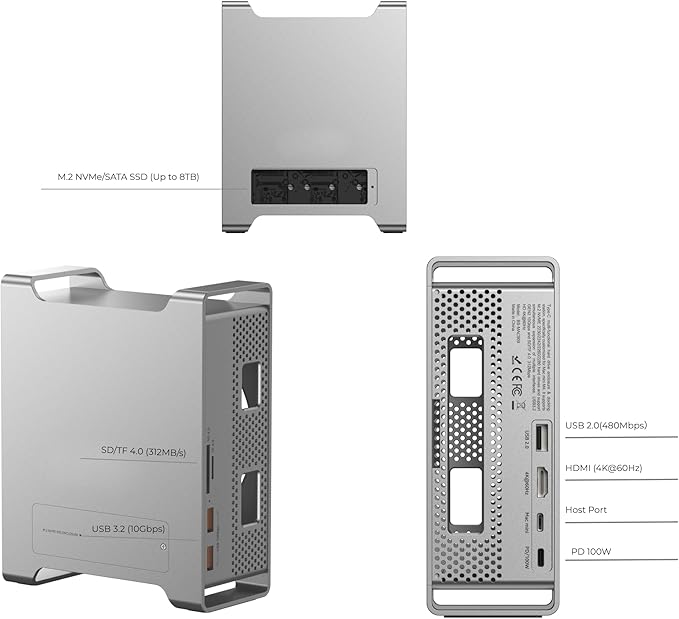 Mac mini M4 / M4 Pro Dock, Vertical Stand with M.2 NVMe/SATA SSD Enclosure, 4K@60Hz HDMI, 10Gbps USB-C/A, SD/TF, 3.5mm Audio, 100W PD, Aluminum Docking Station
