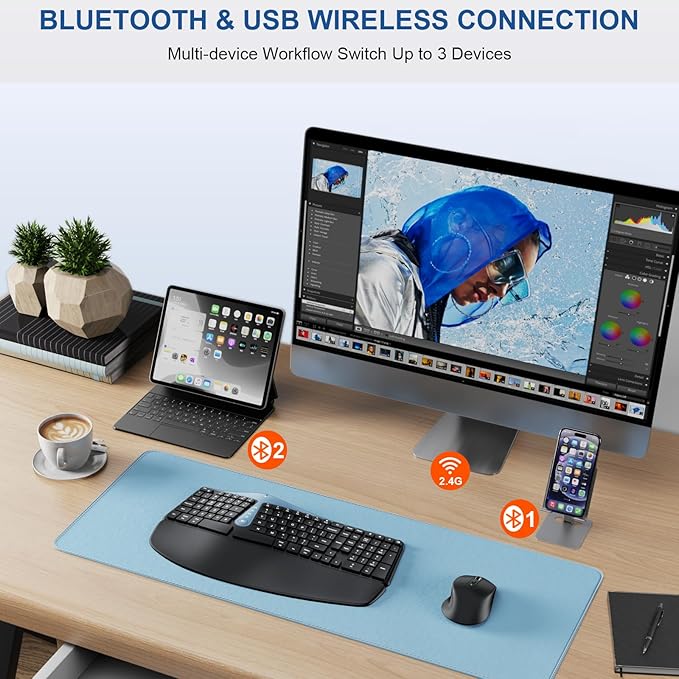 Ergonomic Wireless Keyboard and Mouse, MK835 Ergo Bluetooth/2.4G Split Design Keyboard Mouse Combo with Cushioned Palm Rest, Multi-Device, Wave Keys, Rechargeable, for Windows/Mac/Android