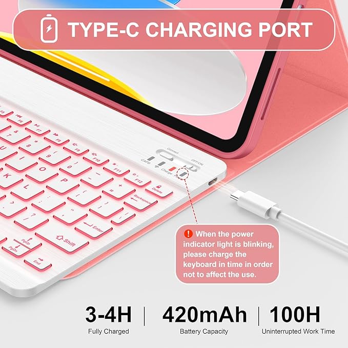 Soke for iPad (A16) 11th/10th Generation Case with Keyboard(2025/2022)-7 Color Backlight Wireless Detachable Folio Keyboard Cover with Built-in Pencil Holder for iPad 11/10.9 inch, Watermelon Red