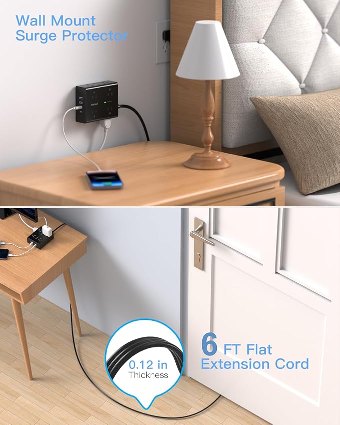 6Ft Extension Cord with Multiple Outlets, Flat Plug Surge Protector Power Strip 6 Ft Long Cord, 8 Outlets & 4 USB Ports (2 USB C), Desk Charging Station for Home Office, College Dorm Room Essentials