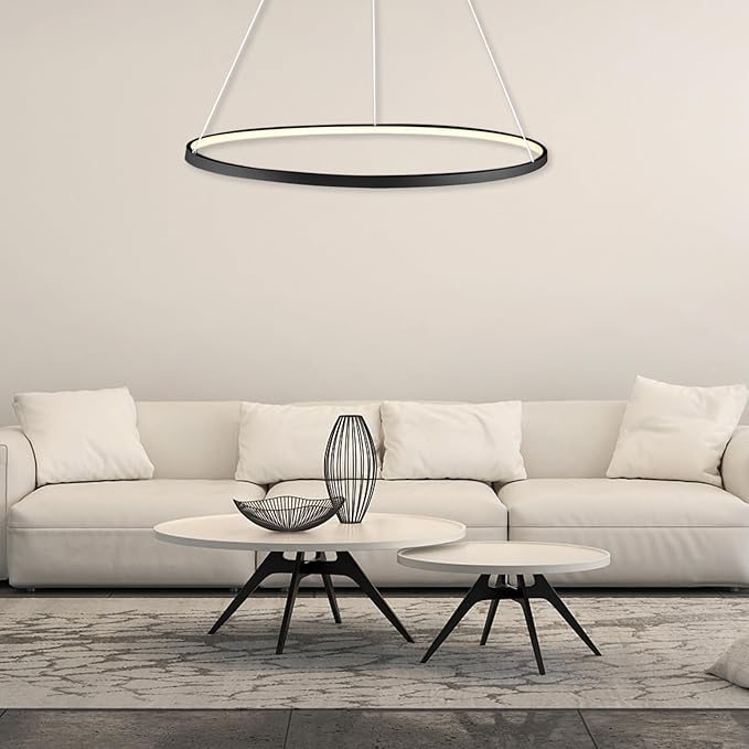 LightInTheBox Modern Pendant Light, 23.6" LED Ring Chandeliers Ceiling Light with Remote Control,Minimalist Halo Hanging Light Fixture Metal Acrylic White for Living Room Dinning Room Bedroom (Black)
