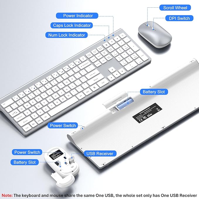 Wireless Keyboard and Mouse Combo, Full Size Keyboard and Mouse, Long Battery Life, Optical Mouse, 2.4G Lag-Free Cordless Mice Keyboard Set Ultra Slim Design for Computer, Laptop, PC, Windows (Silver)