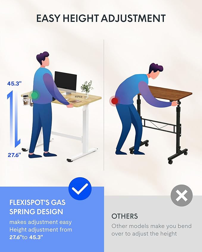 FLEXISPOT H7 Plus Gas Spring Adjustable Standing Desk, Mobile Rolling Sit-Stand Workstation with Wheel, Cordless Stand Up Desk for Small Room & Home Office 40" One-Piece Desktop Maple,height 27.6"–45"
