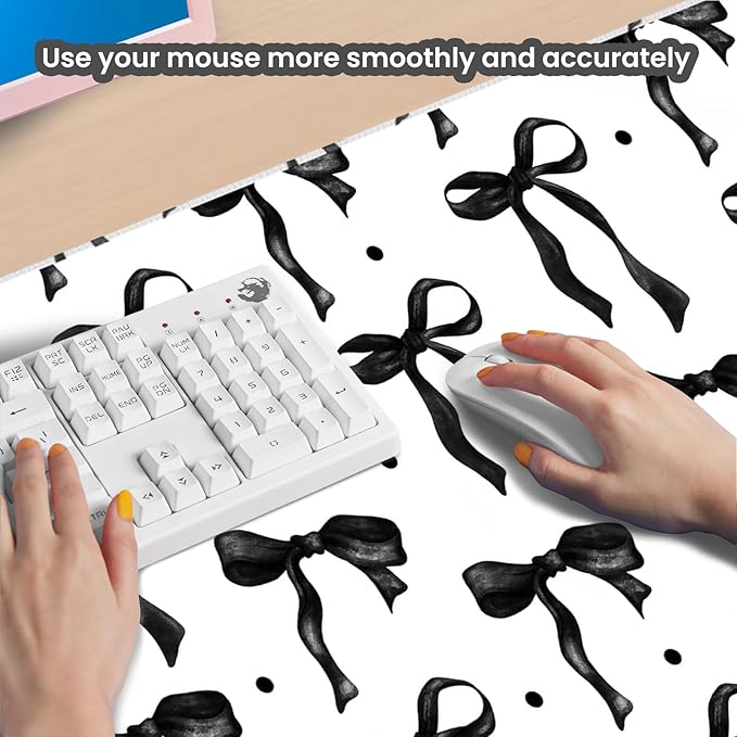 White Mouse Pad Black Bows, Cute Desk Mat Keyboard Pad for Computer Laptop Non-Slip Rubber Base, Stitched Edge, Black Office Pad Desk Accessories Girly Desktop Decor for Girls Women 23.6 x 11.8in