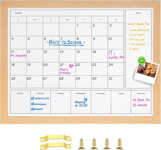 3-in-1 Dry Erase Calendar for Wall, Magnetic Monthly & Weekly Calendars Whiteboard, Dry Erase Board for Wall with Brown Wood Frame, Hanging White Board Calendar for Decor/Memo(YL+ZL-BR,4333)