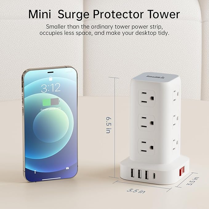 Extension Cord with Multiple Outlets, SMALLRT Flat Plug Surge Protector Power Strip Tower, Outlet Extender with USB 12 AC Outlets, 10FT Ultra Thin Extension Cord for Home Office, Overload Protection