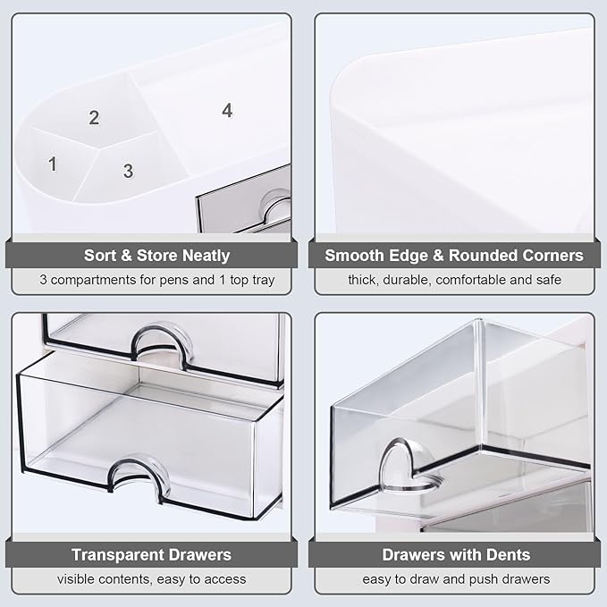 Desk Organizer with Drawer, Pen Organizer for Desk, Small Pencil Holder, Desk Organizers and Accessories for Office Home Storage (2 Drawers+4 Compartments, White)
