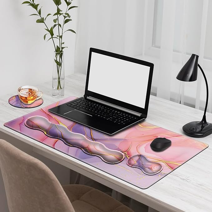 Gaming Mouse Pad Set, Pink Gold Marble Large Desk Mat Mousepad, Keyboard Wrist Support, Mouse Wrist Rest, Coaster 4in1 Ergonomic Memory Foam, Non-Slip Stitched Edge for Home Office