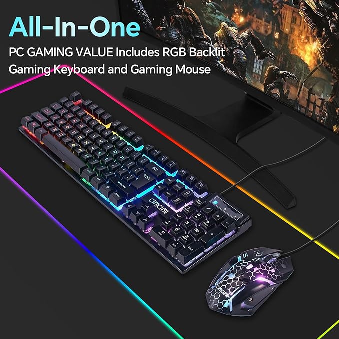 CHONCHOW Gaming Keyboard and Mouse Combo, USB Wired RGB Backlit, Mechanical Feel Anti-ghosting Keyboard 3200DPI Ergonomic Mouse, LED Gaming Set for Laptop PC PS4 Xbox Mac Game Work