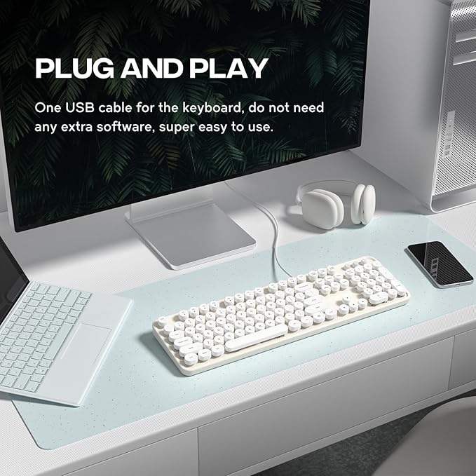 Computer Keyboard Wired, Plug Play USB Retro Round Typewriter Keyboard, Full Size Wired Keyboard with Foldable Stands for Laptop and Office PC