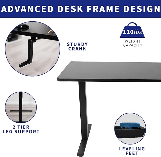 VIVO Manual Height Adjustable 60 x 24 inch Stand Up Desk, Light Wood Solid One-Piece Table Top, Black Frame, Standing Workstation with Foldable Handle, DESK-KIT-MB6C