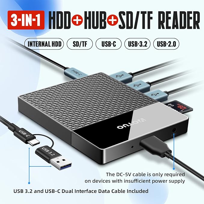 2TB Docking Station External Hard Drive Storage, USB-C Hub + HDD 7-in-1, USB 3.0, SD/TF Card, HDD for Windows, Mac, Android, TV, iPhone 15/16/17, Laptop, Desktop, PC