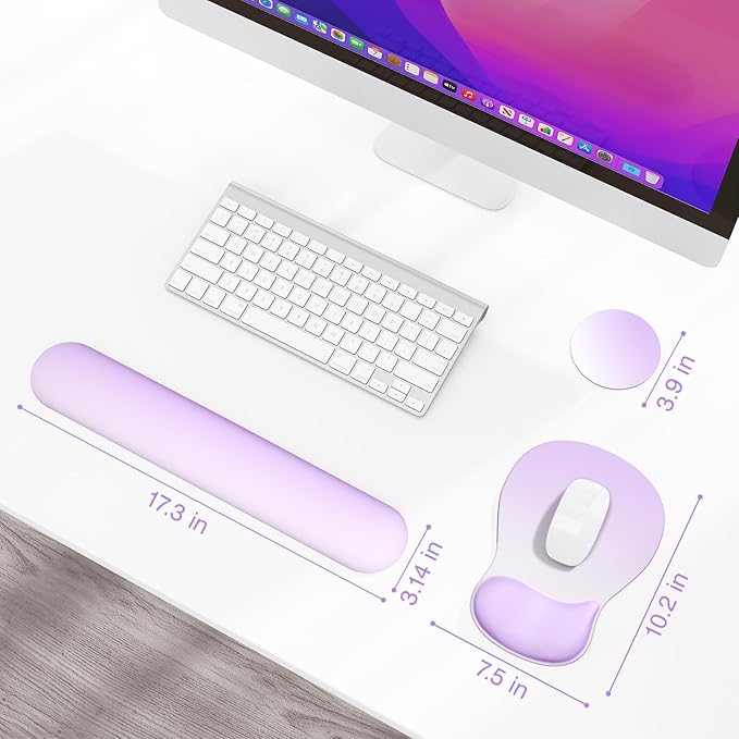 Ospelelf Keyboard Wrist Rest Set with Ergonomic Mouse Pad - 3-in-1 Memory Foam Support for Pain Relief, Office & Gaming with Coaster Lilac Gradient