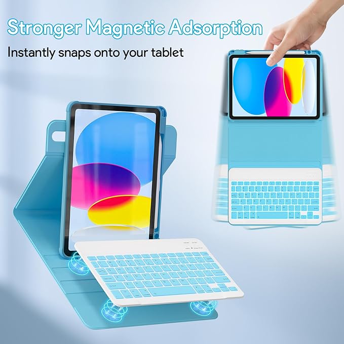 YBING Bluetooth Keyboard Case for iPad 10th Gen 10.9 inch (2022) & 11th Gen (A16, 2025), 7-Color Backlit Detachable Keypad & Rotatable Magnetic Case with Pencil Holder (Blue)