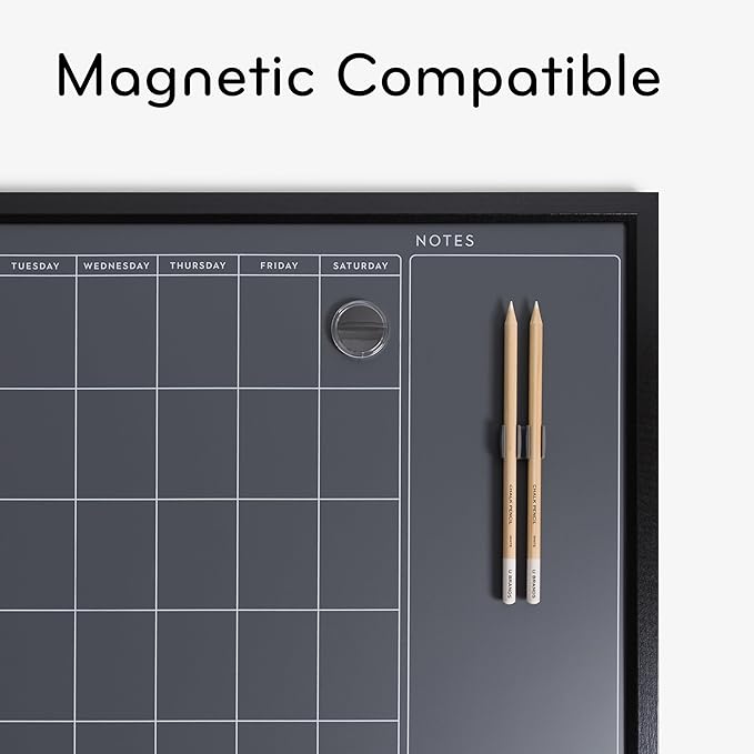 U Brands Magnetic Chalk Calendar Board, 16" x 20", Black Wood Style Frame, Premium Surface, Includes Chalk Pencils, Magnet
