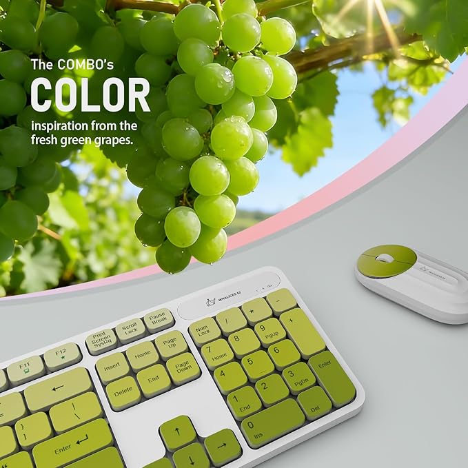 Wireless Keyboard and Mouse Combo - 2.4G Wireless, Rechargeable, Quiet, Cute Colorful, Full-Sized, 3 DPI Adjustable Mouse, for Computer, Laptop, PC, Desktop(Green)