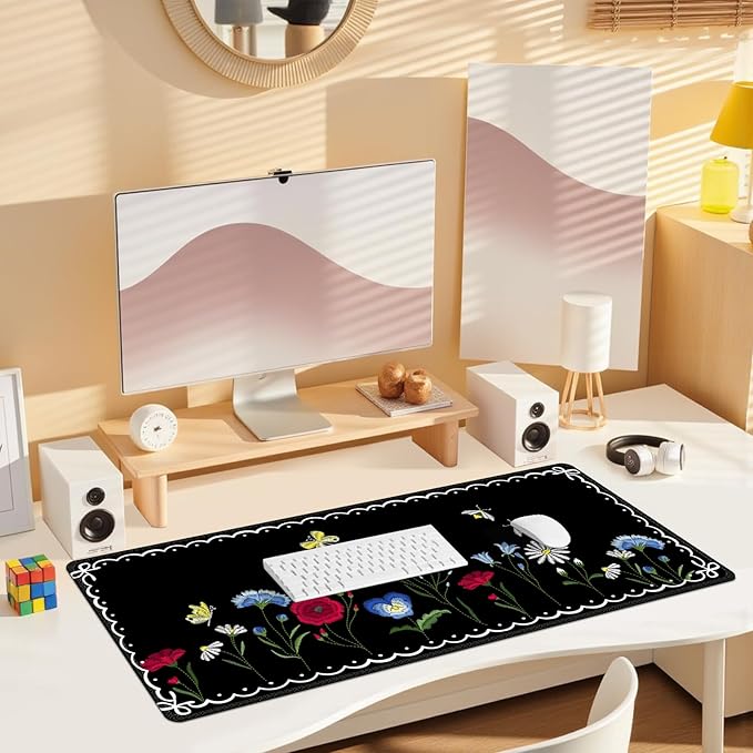 Desk Pad for Keyboard and Mouse, Large Mouse Pad for Desk, Non-Slip Keyboard Mat, Computer Mats for Desk, Desk Pad with Stitched Edges for Office, Gaming I Lovely Black Plants