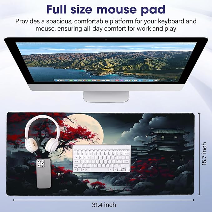 Full Desk Mouse Pad with Stitched Edges, 31.4” x 15.6” Waterproof Surface & Non-Slip Rubber Base – Ideal for Gaming, Office and Home