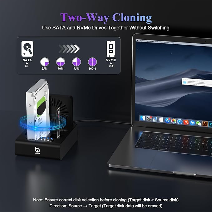 M.2 NVMe & SATA Hard Drive Docking Station, USB C 10Gbps Hard Drive cloner for M.2 PCIe NVMe + SATA 2.5”/3.5” HDD Converter, Offline Cloning, Tool-Free, Cooling Fan