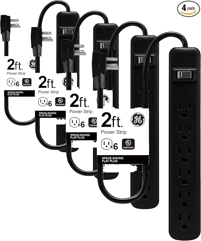 GE 6-Outlet Power Strip, 2 Ft Extension Cord, Heavy Duty Plug, Grounded, Integrated Circuit Breaker, 3-Prong, Wall Mount, ETL Listed, Black, 14831 (Pack of 4)