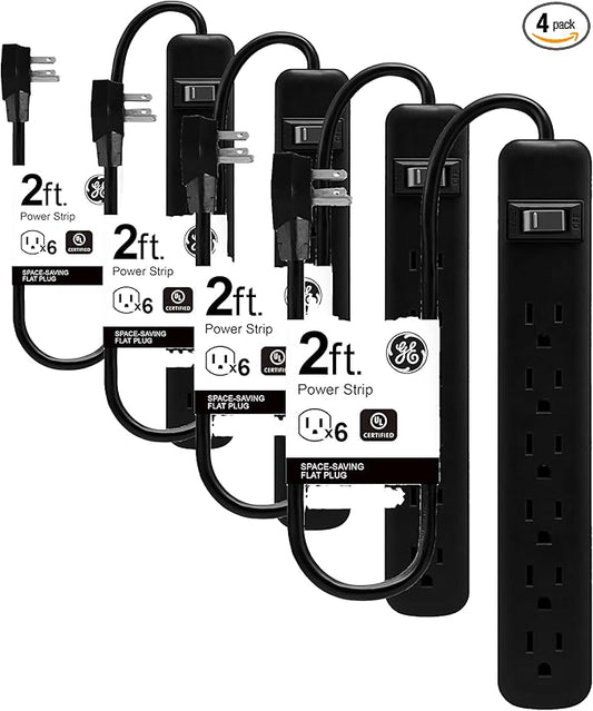 GE 6-Outlet Power Strip, 2 Ft Extension Cord, Heavy Duty Plug, Grounded, Integrated Circuit Breaker, 3-Prong, Wall Mount, ETL Listed, Black, 14831 (Pack of 4)