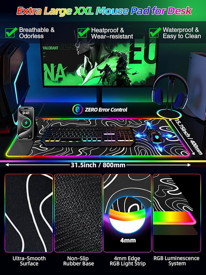 Mouse Pad with Foldable Phone Holder & Wireless Charger, XXL RGB Gaming Mousepad 31.5"x15.8" Large Desk Mat for Keyboard, 11 Colors 5 Modes