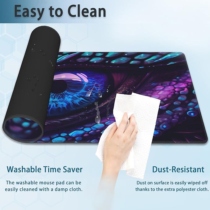 Desk Mat, Blue and Purple Fantasy Dragon Eye Extended Gaming Mouse Pad Large, 31.5"x11.8" Big Mouse Pad with Non-Slip Base and Stitched Edge, Long Computer Keyboard Mouse Mat for Home Office Work