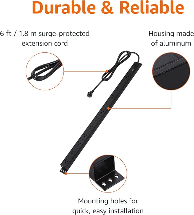 Amazon Basics Surge Protector Power Strip, 12-Outlet, Heavy Duty, Metal, 600 Joules, 6ft Extension Cord, Wide Spaced, Mountable, Black