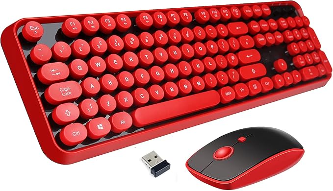 Wireless Keyboard Mouse Combo, 2.4GHz Wireless Typewriter Keyboard with 104 Cute Retro Round Keys, Letton Full Size Keyboard and Mouse with 3 DPI for Computer Mac PC Laptop-Black/Red