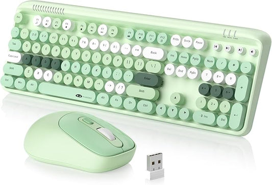 MageGee V920 Wireless Keyboard and Mouse Combo, 2.4G Full-Sized Retro Typewriter Keyboard with Round Keycaps & Auto-Sleep Mode, Cute Computer Keyboard and Cordless Optical Mouse for Laptop/PC (Green)